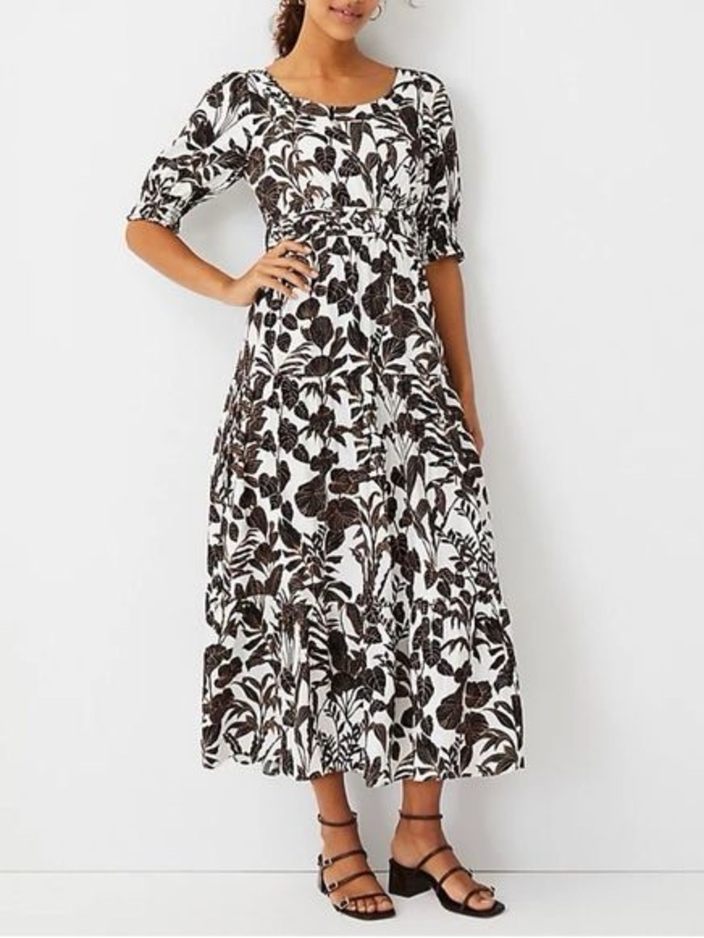 Ann Taylor Brown & White Floral Puff-Sleeve Maxi Dress